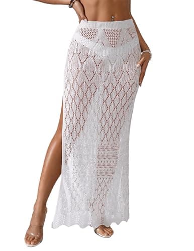 BreathSunny Womens Crochet Open Knit Elastic Waist Swimsuit Coverup Dress Summer 2026 Trendy Outfits Side Slit Mesh Swimwear Coverups Beach Swim Bathing Suit Cover Up Maxi Skirt White M - Image 1