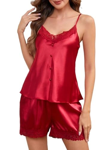 Moreone Womens Silk Satin Pajama Set 2 Piece, Wine Red, S - Image 1