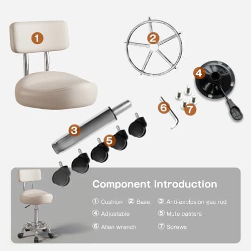Walktory Vanity Chair with Back Small Armless Office Chair with Wheels and Footrest, PU Leather Adjustable Height Swivel Chair for Bedroom, Home Office White - Thumbnail 6