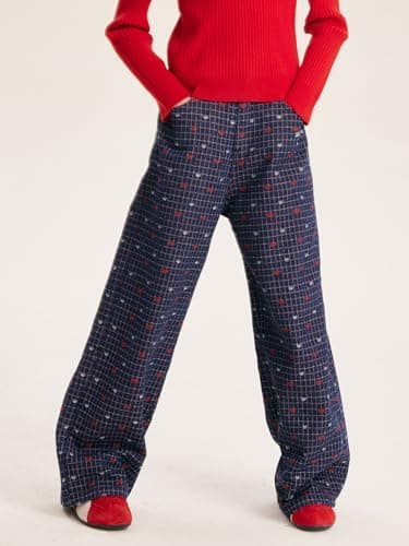 Girls Plaid Wide Leg Pants Retro Heart Pants Navy Blue Girls Trousers for Teens 6-16Y - Thumbnail 4