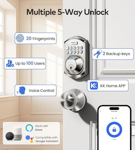 TEEHO TE012W-K WiFi Smart Keyless Entry Door Lock with Handle, Fingerprint Door Knob & Digital Keypad, APP Remote Control, Works with Alexa & Google, Electronic Deadbolt for Front Door, Satin Nickel - Thumbnail 4