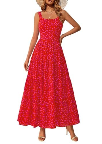 PRETTYGARDEN Womens 2026 Summer Dresses Fashion Clothing Floral Maxi Dress Ruffle Long Flowy Boho Beach Vacation Sundresses (Red Floral,Large) - Image 1