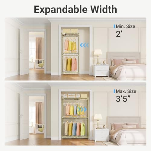 VIPEK X1 Expandable Clothes Rack Heavy Duty Adjustable from 2' to 3'5" with Adjustable Shelves and Hanger Rods, Reach-in & Walk-in Closets Metal Garment Racks Portable Closet, Gold - Thumbnail 2