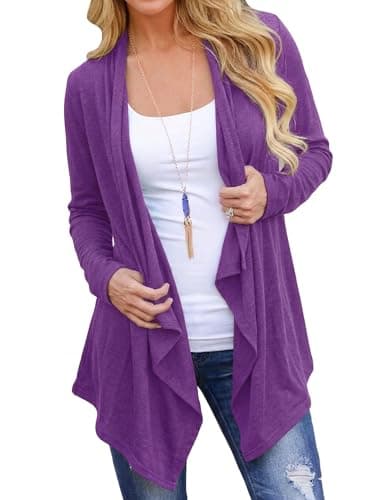 DEARCASE 3/4 Sleeve Open Front Draped Kimono Cardigan Sweater for Women Plain Purple XX-Large Lightweight Flowy Ladies Cover Up Trendy Shrug Thin Crop Duster Summer Fall Shawl Cardigans Jackets - Image 1
