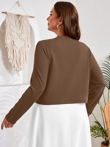 AusLook Plus Size Women Shrugs Long Sleeve Coffee 1X Open Front Cardigan Knit Lightweight Coat Cropped Bolero Tops Shawls and Wraps Dressy Sweater - Thumbnail 6