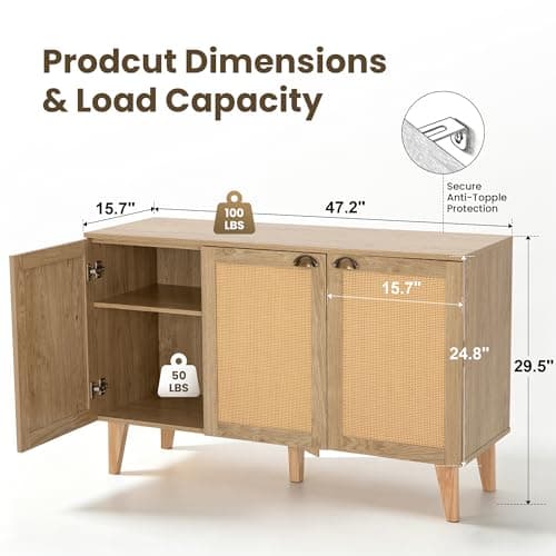 GREEN PARTY 47" Rattan Sideboard Buffet Cabinet with Storage, 3-Door Boho Coffee Bar Cabinet, Kitchen Storage Cabinet with Adjustable Shelves for Dining Room, Living Room, Entryway - Thumbnail 2