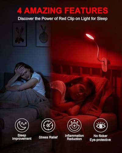 SZOKLED Red Light Reading Lights for Books in Bed, Clip on Lamp with Timer & Dimmable, Rechargeable Eye Care Night Light for Bedroom, Desk, Laptop, Headboard - Thumbnail 3