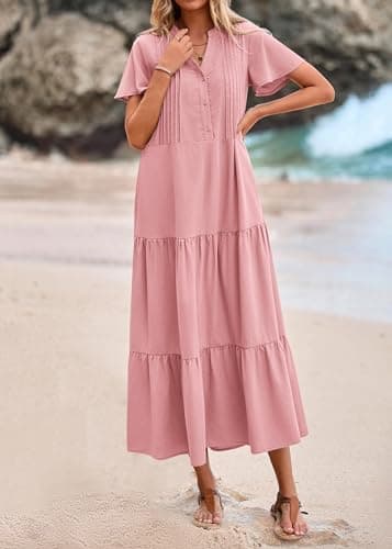 KIRUNDO Summer Maxi Dresses for Women 2026 Spring Fashion Short Sleeve Button V Neck Pleated Loose Tiered Swing Flowy Dress(Pink, Medium) - Thumbnail 4