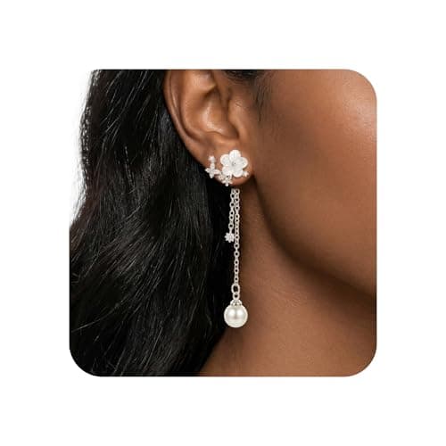 PEALICIOUS Flower Pearl Drop Earrings for Women, Silver Wedding Earrings for Brides 7.5mm Pearl Floral Rhinestone Earings as Bride Accessories Bridesmaid Gift, Dainty Silver Prom Summer Girls Jewelry - Image 1