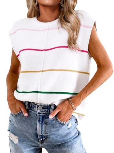 Bellcoco Womens Cap Sleeve Summer Tops Striped Sweater Vest Lightweight Casual Crewneck Loose Knit Pullover Tank Top Beach Vacation Outfits White S - Image 1