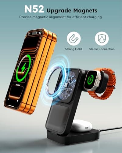 Eddibox 15W Travel Charging Station for MagSafe 3 in 1, Foldable Magnetic Wireless Charger Stand for iPhone 17 16 15 Pro Max, Fast Phone Charging Dock for Apple Watch/AirPods (with 30W Adapter) - Thumbnail 4