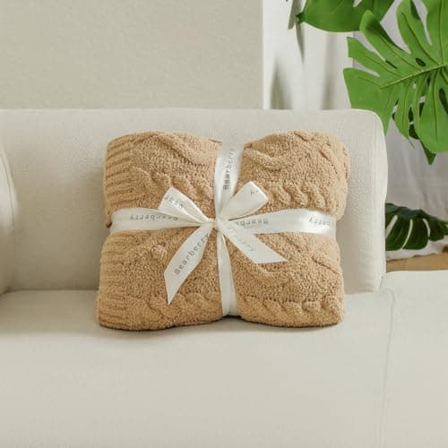 bearberry Plush Fleece Blanket Ultra Cozy & Warm Cable Knit - Machine Washable Throw for Living Room, Bedroom, Office | Lightweight Fuzzy Blanket for Adults, Kids, Pets (Camel, 40”x50”) - Thumbnail 5