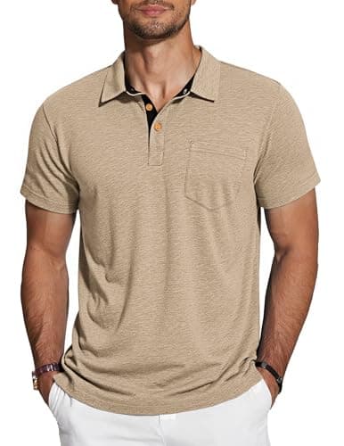 AUSELILY MEN Mens Polo Shirts Short Sleeve Cotton Casual Summer Knit Golf Stylish T Shirts Big and Tall with Pockets Khaki 5XL - Image 1