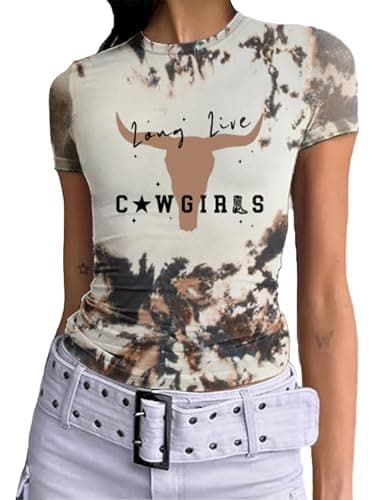 YHHR Western Cowgirl Shirt for Women Vintage Cow Skull Graphic Tee Geometry Print Short Sleeve Country Music Rodeo Tops - Image 1