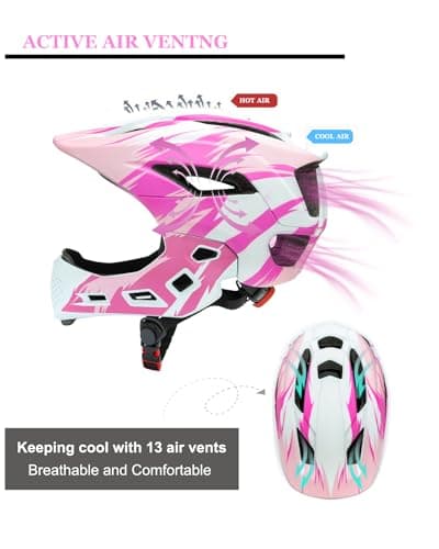 Natuway Toddler and Kids Full Face Helmet, Girl and Boy BMX Multi-Sport Detachable Mountain Dirty Bike Helmet (White and Pink) - Thumbnail 4