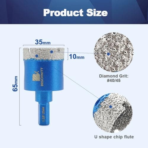 Dry Diamond Core Drill Bit Set,BRSCHNITT 2pcs 1-3/8 inch Diamond Hole Saw Core Drill Bit with Hex Shank for Porcelain Tile Ceramic Stone Granite Marble - Thumbnail 2