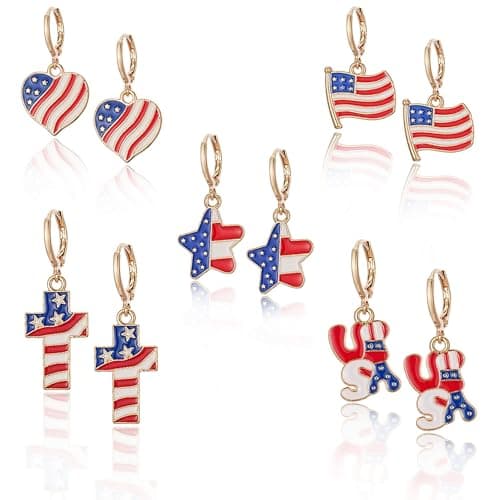 Sylph 4th of July Independence Day Huggie Earrings Set for Women, American Flag/Star/Cross/Heart/USA Red Blue White Dangle Drop Earring, Hypoallergenic Patriotic Jewelry Gift - Image 1