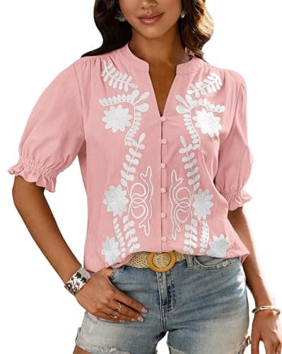 BTFBM Women's 2026 Spring Tops Casual Floral Boho V Neck Puff Short Sleeve Button Down Shirts Embroidered Blouses Tunic(Floral Pink White, Medium) - Image 1