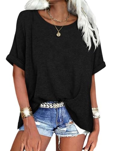 UNCLECAT Womens Oversized Round Neck Shirts Summer Casual Loose Tops 2026 Short Sleeve Workout T-Shirts Black - Image 1