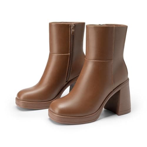 Athlefit Women's Platform Ankle Boots High Chunky Block Heel Boots Square Toe Fashion Dress Heeled Booties Caramel Size 6 - Thumbnail 6