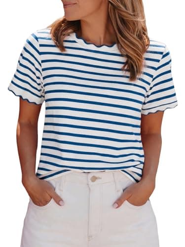 Womens Striped Shirt Summer Color Block Scalloped Short Sleeve Tee Shirts Casual Loose Fit Crewneck Tops Blue XL - Image 1