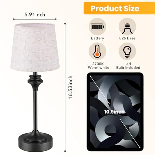 NIORSUN Portables Cordless Table Lamp,Flaxen Fabric Shade Battery Operated Lamp,5200mAh Bedside Table Lamp with Warm White,3 Way Dimmable Touch Desk Lamp for Living Room Bedroom Restaurant (Black) - Thumbnail 6