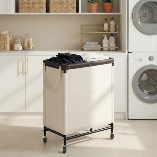 StorageWorks 2 Section Laundry Hamper, Rolling Laundry Cart with Wheels and Handles, Laundry Room Double Sorter for Organizer and Storage, 26.4 Gal(100L), Beige - Thumbnail 6