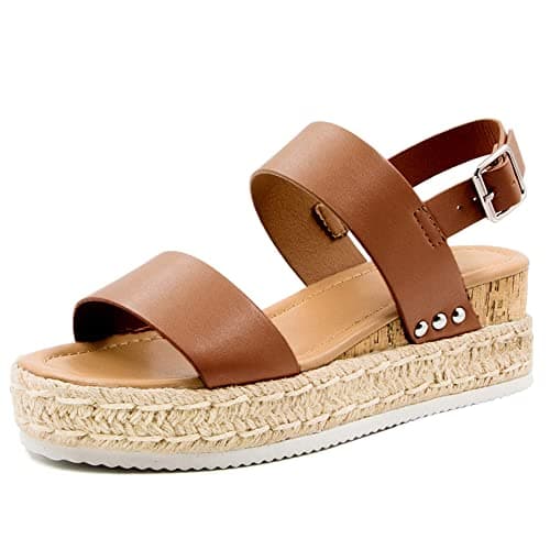 Athlefit Women's Espadrilles Platform Wedge Sandals Casual Open Toe Ankle Strap Buckle Summer Sandals, Light Brown, Size 11, AD00502 - Image 1