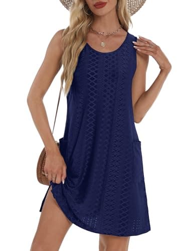 Womens Dresses Summer 2026 Loose Flowy Sleeveless Casual Dress Sundresses with Pockets Navy Blue M - Image 1