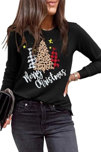 EVALESS Womens Fashion 2026 Summer Spring Tops Christmas Outfits Crewneck Long Sleeve Tops Shirts Loose Fit Basic T Shirts Tee Blouses Black Large