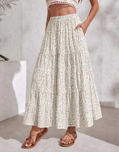 Zeagoo Womens Summer Maxi Skirt Trendy High Waist Pleated Ruffle Long Skirts Flowy Beach Boho Skirt Dress with Pockets M - Thumbnail 3