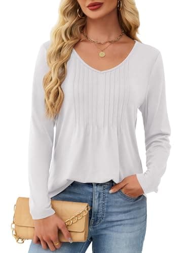 JUSTFASHIONNOW Women Long Sleeve Tops Winter Shirts Loose Fit Pleated Outfits V Neck Fashion Casual Blouses Ladies Curved Hem Teacher Business Tunics (White, Small) - Thumbnail 5