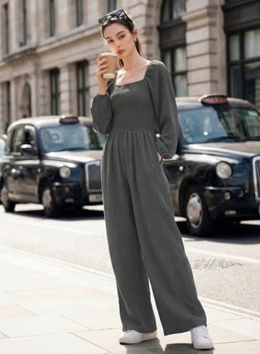 Dokotoo Womens Casual Loose Overalls One Piece Long Sleeve Jumpsuits for Women Stretchy Wide Leg Long Pant Rompers Jumpsuit with Pockets Small Gray - Thumbnail 5