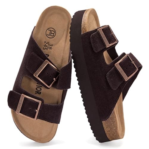 Brelzo Calvior Platform Sandals Women Suede Sandals Arch Support Summer Slides with Adjustable Buckle Open Toe, Dark Brown, Size 9 - Image 1