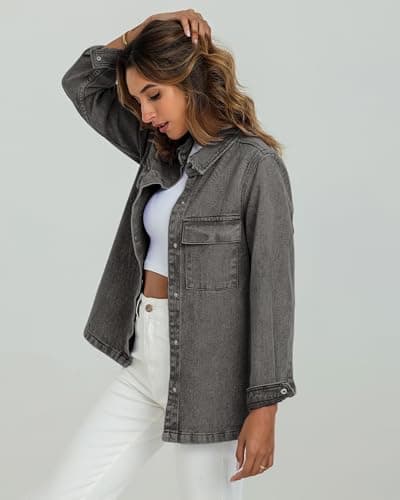 luvamia Womens Shacket Jacket Jeans Jacket For Women Fashion Gray Jean Outfits For Womens 2025 Oversized Button Down Shirts Fall Jackets For Womens Button Down Shirt Size XX-Large Size 20 22 - Thumbnail 4
