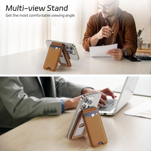 LULULOOK Magnetic Wallet Stand for iPhone, 2-in-1 Full Grain Leather Phone Wallet 3 Cards Holder w/Adjustable Stand, Fits iPhone 16/15/14/13/12 and Mag-Safe Compatible Cases, Not for Mini Models, Tan - Thumbnail 3