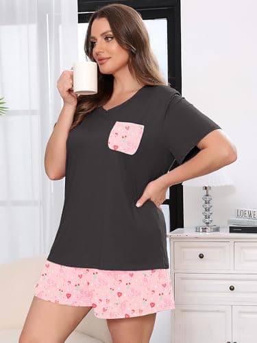 AusLook Plus Size Pajama Set for Women 2 Piece V Neck Short Sleeve Loungewear 2X Set with Pajama Printed Shorts Summer Sleepwear Loose Fit 1X-5X - Thumbnail 3