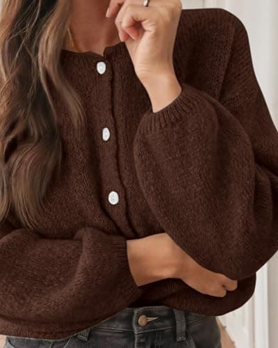 KIRUNDO Women’s Cardigans Casual Loose Button Up Long Sleeve Crewneck Knit Cardigan Sweaters Open Front Outerwear Coats(Brown, Large) - Thumbnail 3