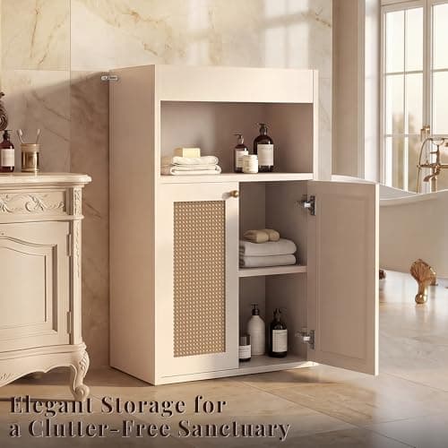 OMCHOM 37.5" Narrow Freestanding Bathroom Storage Cabinet with Rattan Doors, Top Enclosed Guardrail Shelf, High Density Solid MDF Adjustable Shelf, White Bathroom Organizer (White) - Thumbnail 3