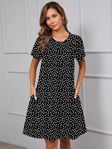 Heymoments Women Short Sleeve Dress Floral Print Medium Crew Neck Casual Flowy Cute Below Knee Sundress Comfy Shirt Teachers Summer Travel 2025 Novelty Boho Dresses with Pockets - Thumbnail 3
