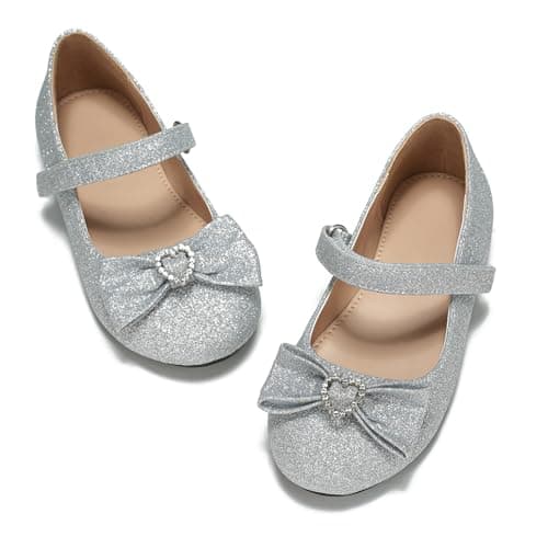 BOGELOO Toddler Girls Flats Mary Jane Flower Girls Dress Shoes School Wedding Party Shoes(Silver,5) - Image 1