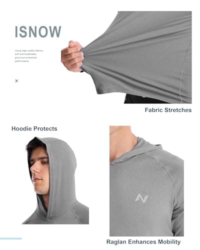 isnowood Men's Sun Protection Fishing Shirts, UPF 50+ Long Sleeve UV Hoodie, Hiking Swimming Hooded Rash Guard Lightweight Heather Grey - Thumbnail 4