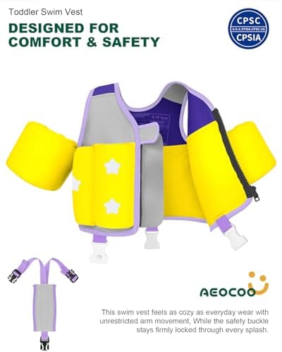 AEOCOO Kids Pool Floaties 1-2-3-5-7-9 Years Old, Toddler Swim Vest 20-30-50-70 Pounds, Comfortable Extended Wear Kids Float Jacket with Crotch Strap, Bright Design and Unpadded Sides, Purple - Thumbnail 2