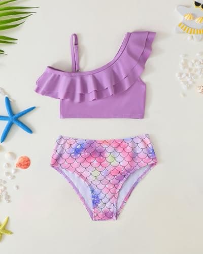 Girls Swimsuit Toddler Bathing Suit Size 6 7 Kids Swimsuits with Skirt Cute Ruffle One Shoulder Mermaid Swimming Little Girl Bikini Sets Summer Outfit - Thumbnail 3