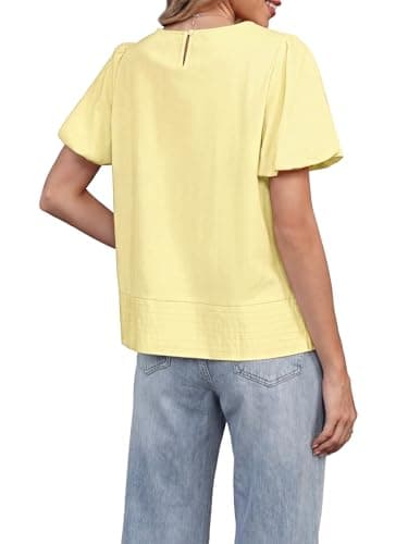 Funlingo Babydoll Tops for Women 2026 Summer Casual Puff Sleeve Blouses Crew Neck Loose Fit Flowy Pleated Shirts Trendy Clothing Yellow M - Thumbnail 3
