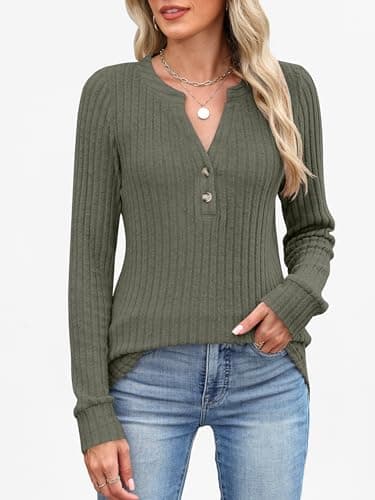 ANRABESS Womens Long Sleeve Henley Shirts 2026 Fall Tunic Tops Ribbed Knit Lightweight Sweaters Dressy Casual Blouse Outfits Deep Green Medium - Thumbnail 3