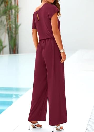KIRUNDO Womens Jumpsuit 2026 Casual Summer Loose One Piece Off Shoulder Elastic Waist Wide Leg Long Romper with Pockets(Wine Red, Small) - Thumbnail 2