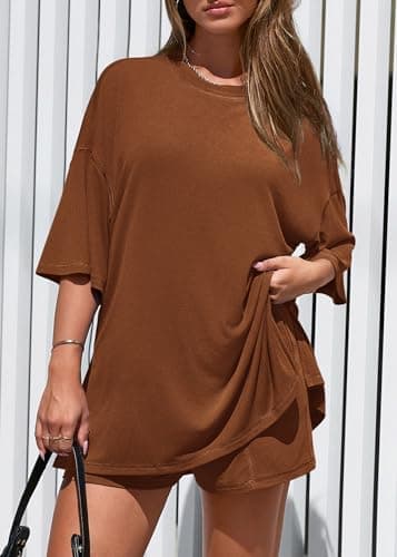 KIRUNDO 2 Piece Sets for Women Summer Lounge Sets Casual Oversized Tshirts Shorts Matching Airport Travel Outfits Postpartum(Brown, XX-Large) - Thumbnail 3