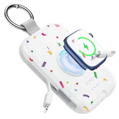 RORRY CharmGo Portable Charger, 5000mAh Portable Charger Power Bank with Built-in Cables, Travel Keychain Battery Pack for Apple Watch and iPhone Air/17/16/15/14/13/12, Confetti-White