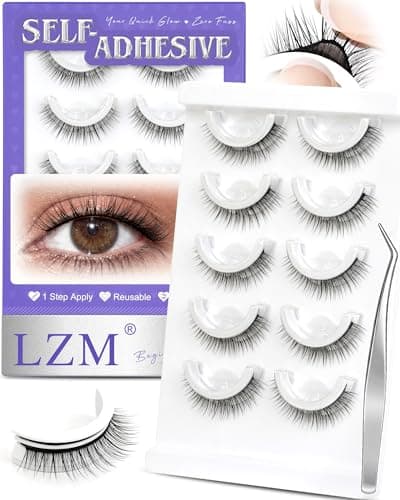 LZM Self Adhesive Eyelashes Preglued Glueless No Glue Needed, Easy Lashes for Beginners, 10mm Natural Strip Pre Glued Glueless Lashes, Reusable Stick On Eyelashes with Tweezers (008) - Image 1
